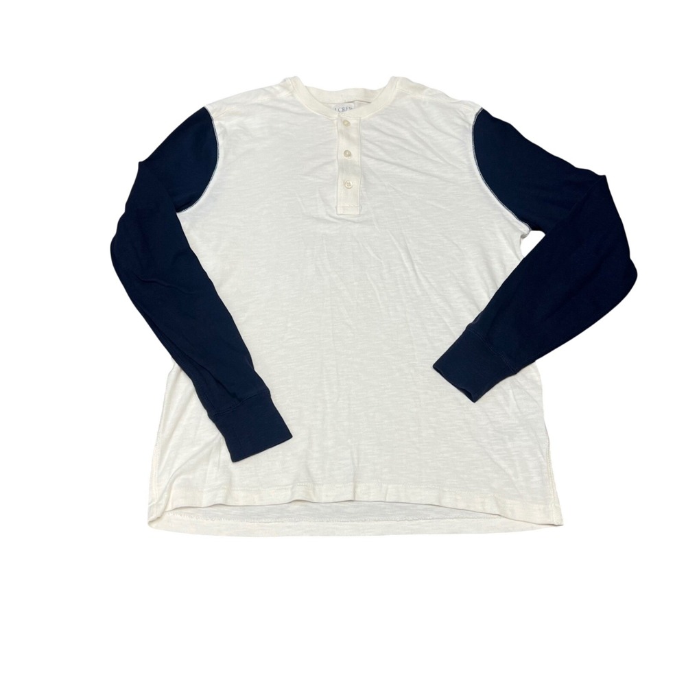 J Crew Men M Long Sleeve Henley Shirt White Navy Colorblock Cotton Casual Preppy